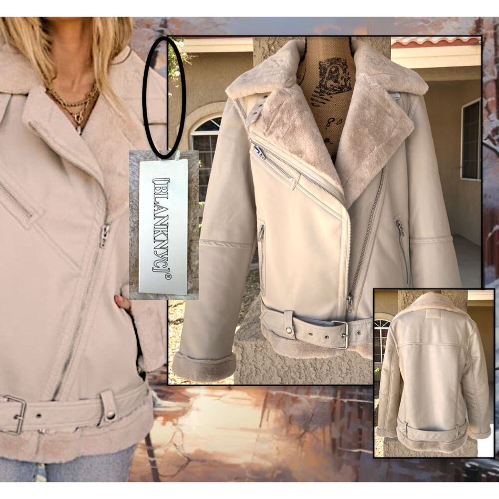 Blank NYC  Cream Vegan Leather Lined Faux Fur Belted Downtown Jacket Size: L